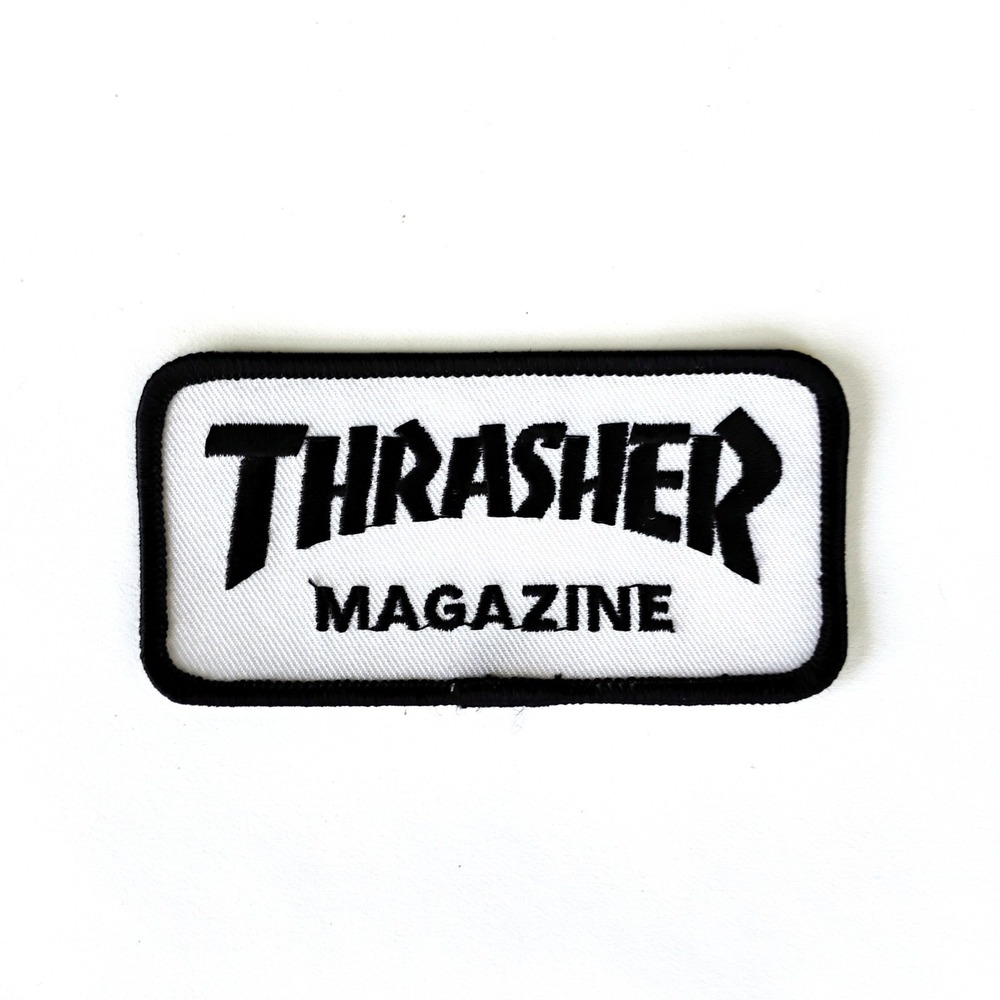 Thrasher Magazine Logo Iron On Embroidered Patch 2x4 Black And White Skate Mag